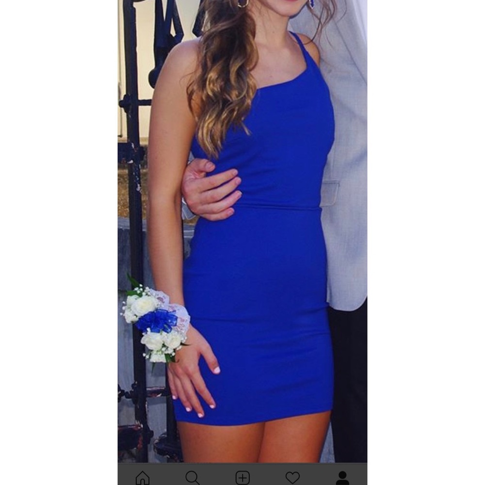 One shoulder royal blue mini dress